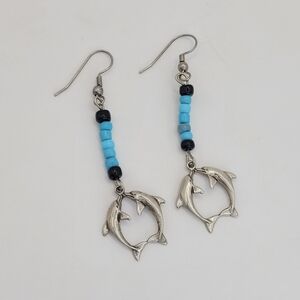 925 Sterling Silver Dolphin Dangle Earrings w Blue Black Beaded Accents